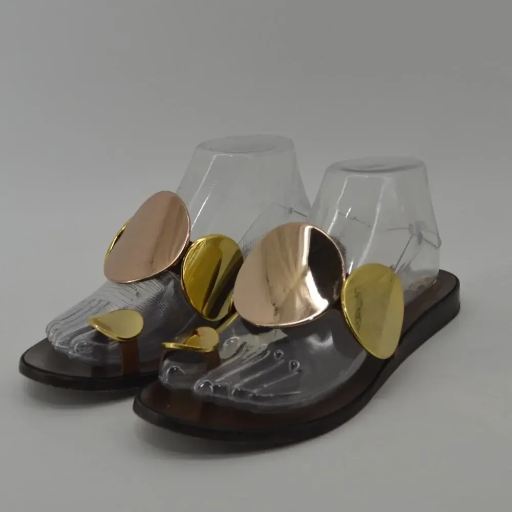 Tory Burch Brown Gold Sandals Circle Plates Size 8 - Picture 12 of 13